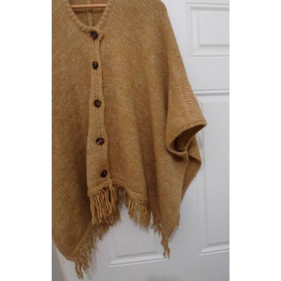 Strenesse womens large wool mohair camel brown fringe poncho sweater tan Italian - Picture 3 of 7